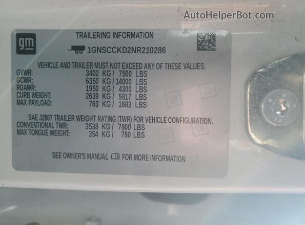 1GNSCCKD2NR210286 2022 CHEVROLET SUBURBAN White 