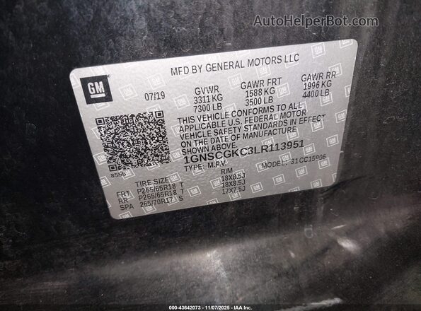 1GNSCGKC3LR113951 2020 CHEVROLET SUBURBAN Black Շարժիչի բաժամունքի տեսք