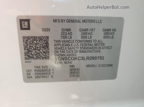 1GNSCGKC3LR290791 2020 CHEVROLET SUBURBAN Белый Вид наклейки с VIN-кодом