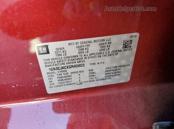 1GNSCJKCXGR459823 2016 CHEVROLET SUBURBAN Maroon Вид наклейки з VIN-кодом