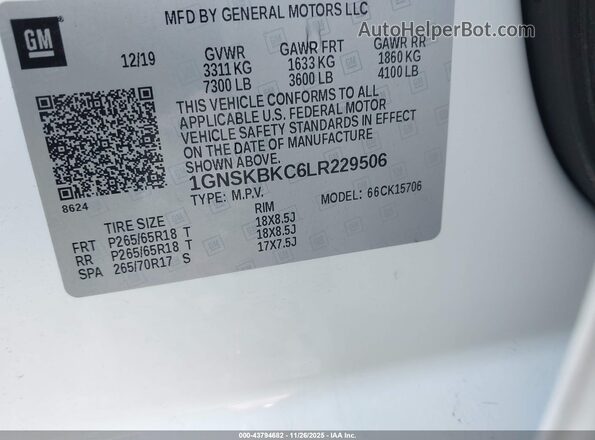 1GNSKBKC6LR229506 2020 CHEVROLET TAHOE Белый Вид подкапотного пространства