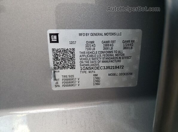 1GNSKDEC3JR219472 2018 CHEVROLET TAHOE Silver Vista interior de 360 grados