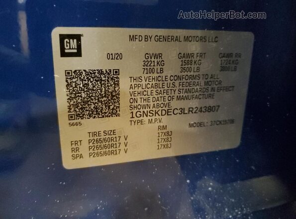 1GNSKDEC3LR243807 2020 CHEVROLET TAHOE Blue VIN կոդի պիտակի տեսք