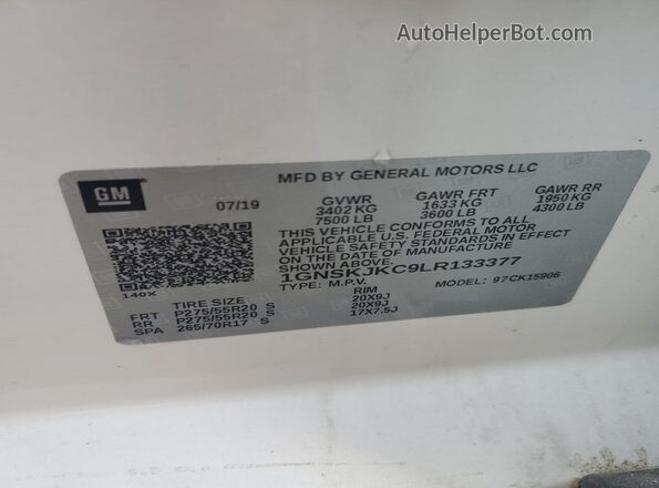 1GNSKJKC9LR133377 2020 CHEVROLET SUBURBAN White VIN sticker view