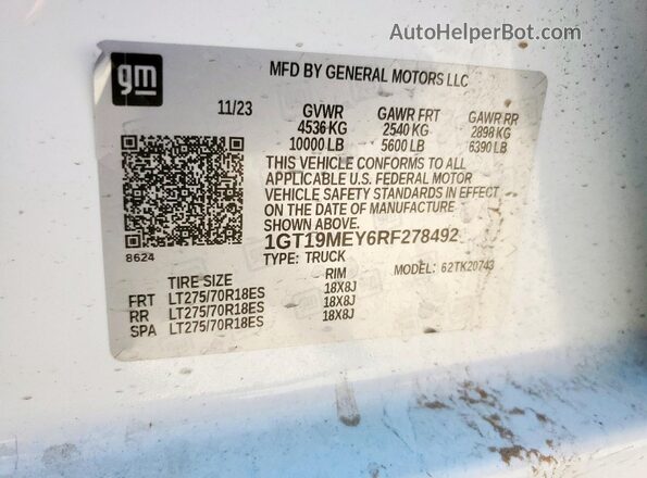 1GT19MEY6RF278492 2024 GMC SIERRA Белый Вид наклейки с VIN-кодом