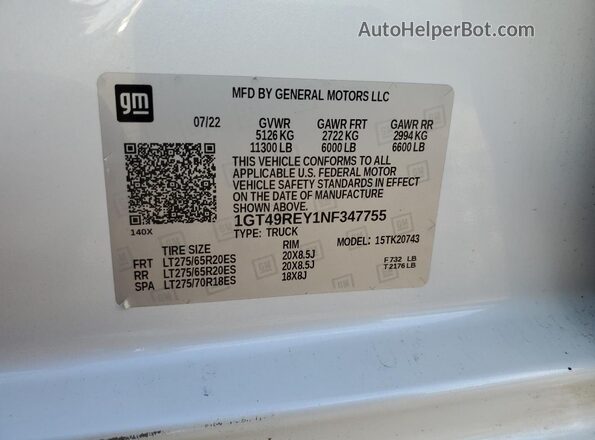 1GT49REY1NF347755 2022 GMC SIERRA Белый Вид наклейки с VIN-кодом