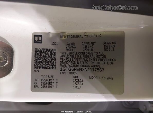 1GTG6FEN2N1117567 2022 GMC CANYON White Вид підкапотного простору