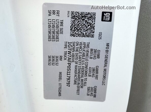 1GTW7AFP0S1179797 2025 GMC SAVANA White Widok naklejki z numerem VIN