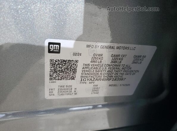 1GYAZAR45RF183597 2024 CADILLAC XT4 Gray Вид наклейки з VIN-кодом