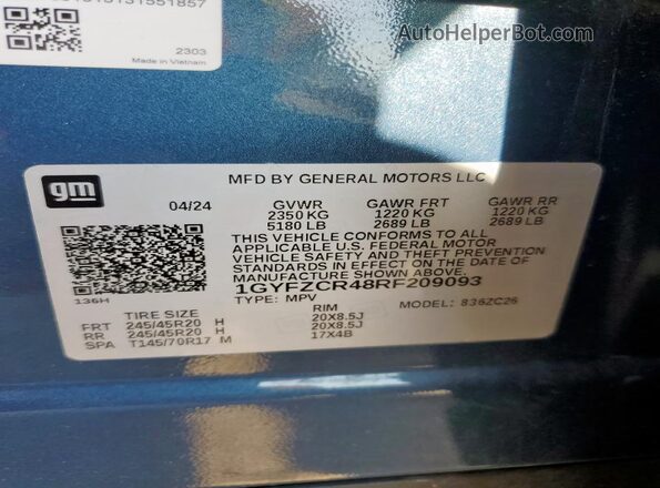 1GYFZCR48RF209093 2024 CADILLAC XT4 Blue Vista del compartimento del motor