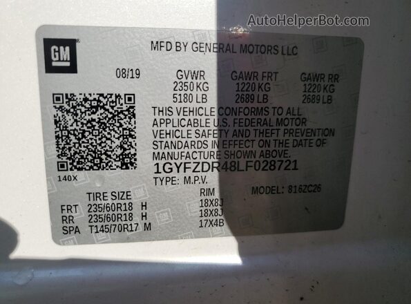 1GYFZDR48LF028721 2020 CADILLAC XT4 White Widok naklejki z numerem VIN
