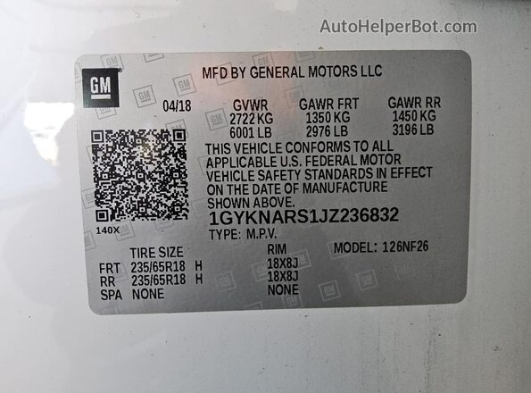 1GYKNARS1JZ236832 2018 CADILLAC XT5 White 