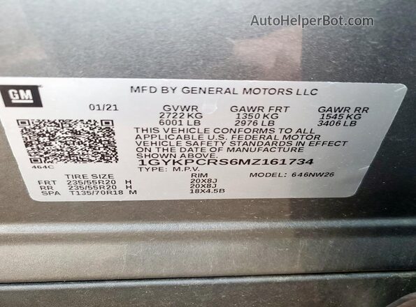 1GYKPCRS6MZ161734 2021 CADILLAC OTHER Gray VIN sticker view