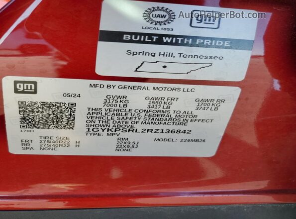1GYKPSRL2RZ136842 2024 CADILLAC OTHER Red VIN կոդի պիտակի տեսք