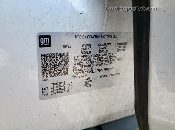 1GYS4FKL2PR155799 2023 CADILLAC ESCALADE White Vista de la etiqueta del VIN
