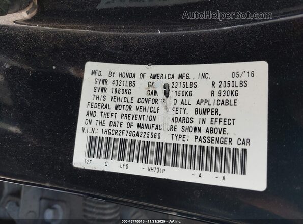 1HGCR2F79GA225560 2016 HONDA ACCORD Black Vista del compartimento del motor