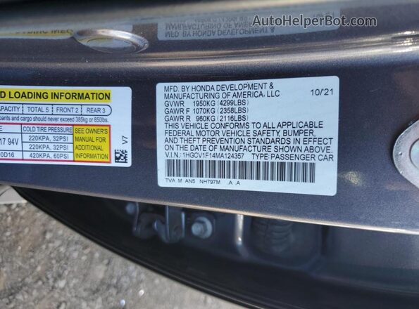 1HGCV1F14MA124357 2021 HONDA ACCORD Gray 