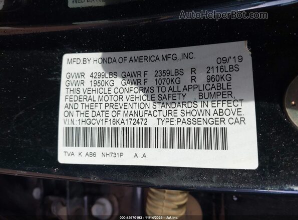 1HGCV1F16KA172472 2019 HONDA ACCORD Black ძრავის განყოფილების ხედი