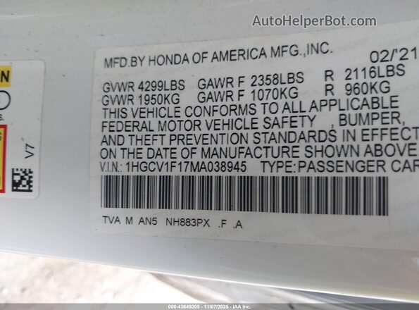 1HGCV1F17MA038945 2021 HONDA ACCORD White Շարժիչի բաժամունքի տեսք
