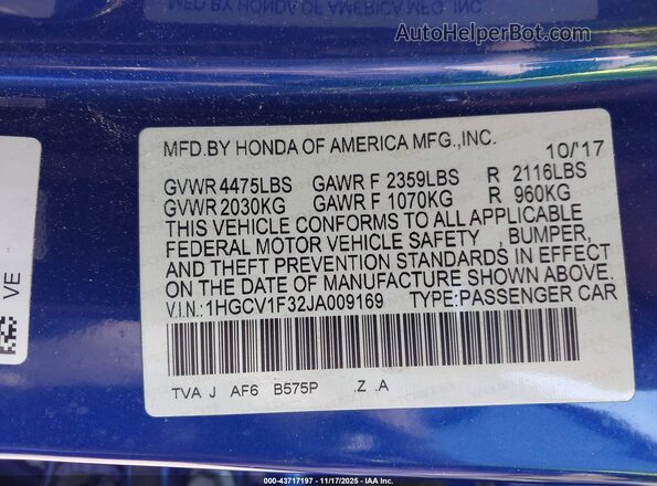 1HGCV1F32JA009169 2018 HONDA ACCORD Blue ძრავის განყოფილების ხედი