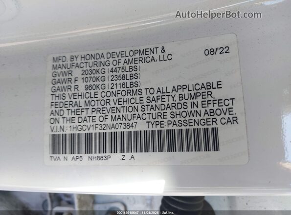 1HGCV1F32NA073847 2022 HONDA ACCORD White Engine compartment view