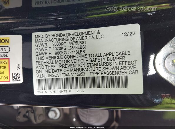 1HGCV1F34NA115953 2022 HONDA ACCORD Black Շարժիչի բաժամունքի տեսք