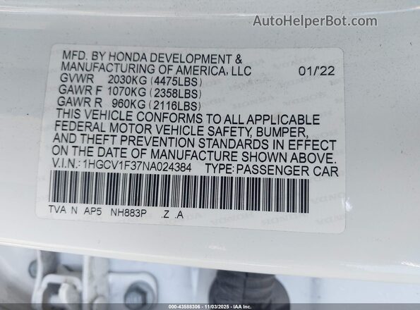 1HGCV1F37NA024384 2022 HONDA ACCORD White Widok komory silnika