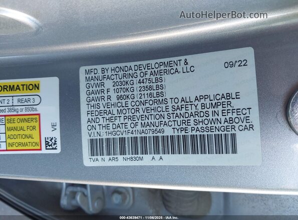 1HGCV1F41NA079549 2022 HONDA ACCORD Silver Vista del compartimento del motor