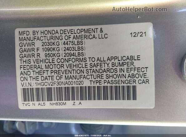 1HGCV2F30NA001020 2022 HONDA ACCORD Silver Вид підкапотного простору