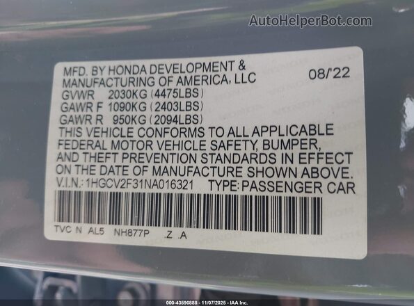 1HGCV2F31NA016321 2022 HONDA ACCORD Gray Շարժիչի բաժամունքի տեսք