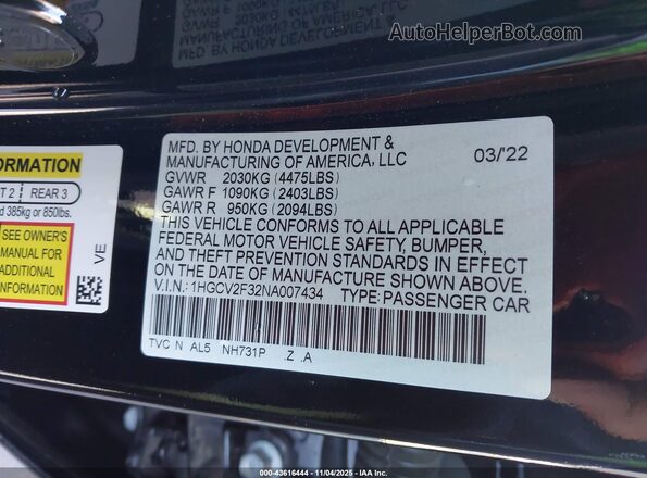 1HGCV2F32NA007434 2022 HONDA ACCORD Black Widok komory silnika