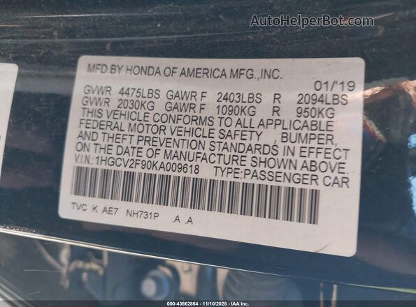 1HGCV2F90KA009618 2019 HONDA ACCORD Black Vista del compartimento del motor