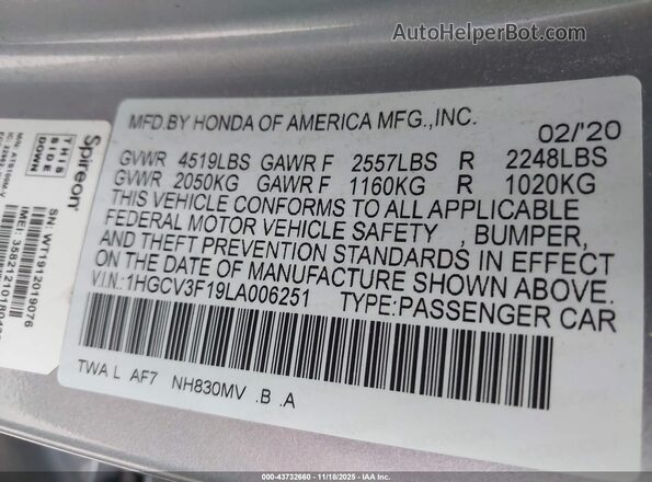 1HGCV3F19LA006251 2020 HONDA ACCORD HYBRID Silver 