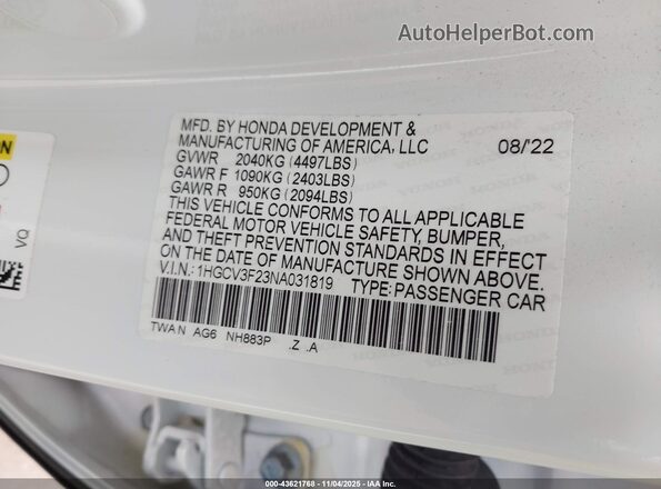 1HGCV3F23NA031819 2022 HONDA ACCORD Белый Вид подкапотного пространства