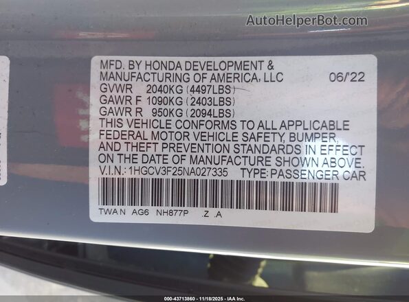 1HGCV3F25NA027335 2022 HONDA ACCORD Серый Вид подкапотного пространства