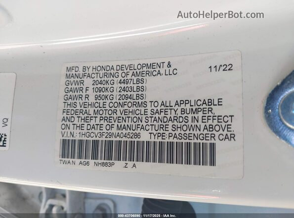 1HGCV3F29NA045286 2022 HONDA ACCORD White Engine compartment view