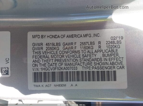 1HGCV3F52KA007033 2019 HONDA ACCORD HYBRID Silver 