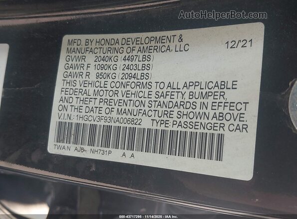 1HGCV3F93NA006822 2022 HONDA ACCORD Черный Вид подкапотного пространства