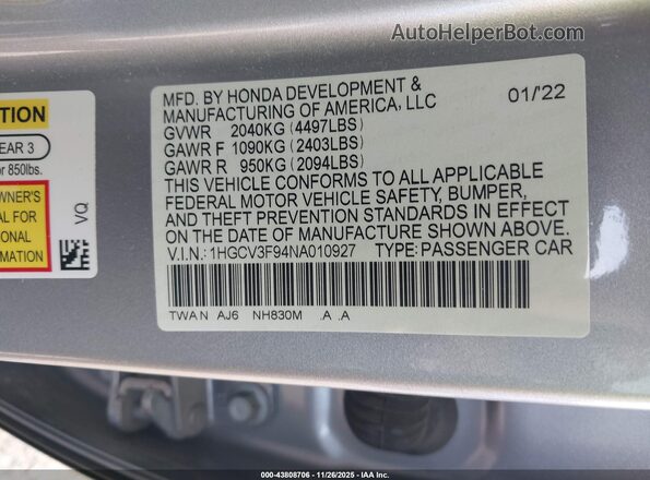1HGCV3F94NA010927 2022 HONDA ACCORD Silver ძრავის განყოფილების ხედი