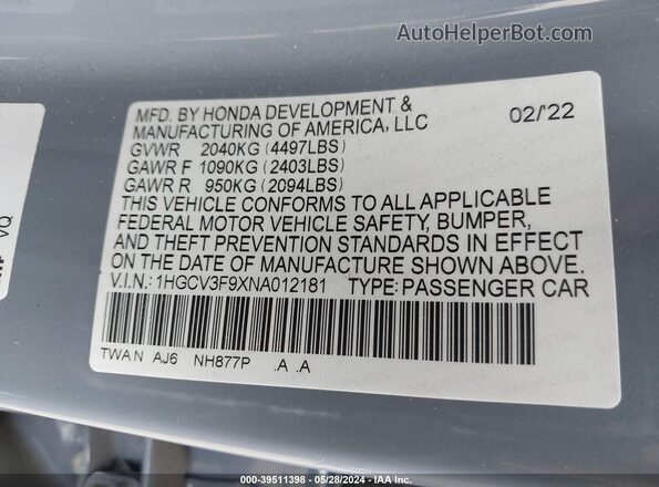 1HGCV3F9XNA012181 2022 HONDA ACCORD Gray ძრავის განყოფილების ხედი