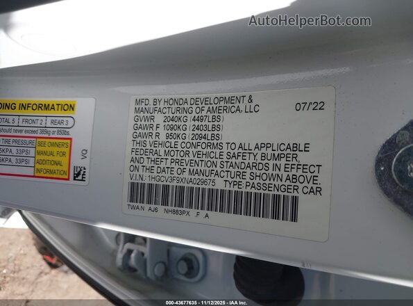 1HGCV3F9XNA029675 2022 HONDA ACCORD White Вид підкапотного простору