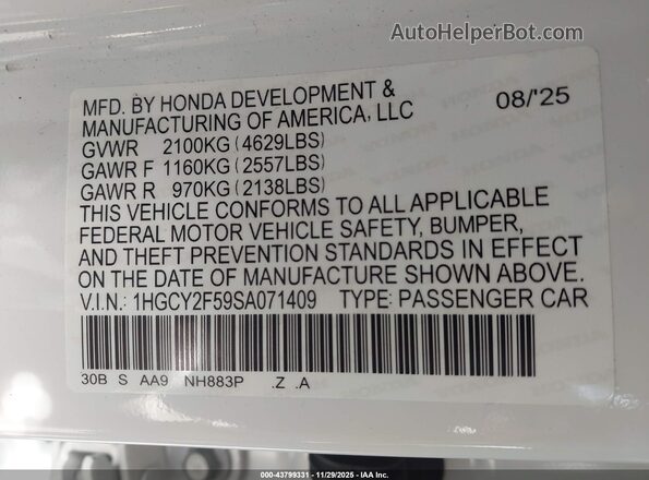 1HGCY2F59SA071409 2025 HONDA ACCORD HYBRID Белый 