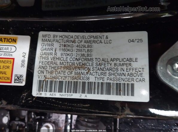 1HGCY2F71SA043038 2025 HONDA ACCORD Black Engine compartment view