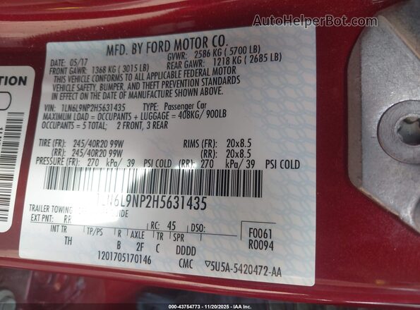 1LN6L9NP2H5631435 2017 LINCOLN CONTINENTA Red 