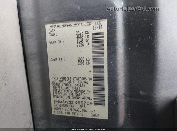 1N4AA6AV2KC366709 2019 NISSAN MAXIMA Gray Вид підкапотного простору