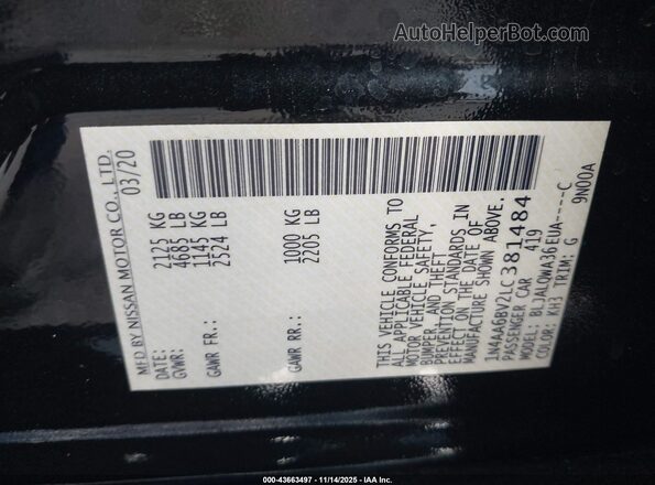 1N4AA6BV2LC381484 2020 NISSAN MAXIMA Black Вид підкапотного простору