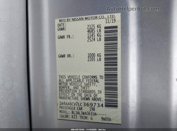 1N4AA6CV7LC369734 2020 NISSAN MAXIMA Silver Widok komory silnika