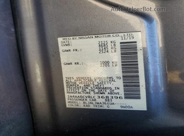 1N4AA6CV8LC368396 2020 NISSAN MAXIMA Gray Vista de la etiqueta del VIN