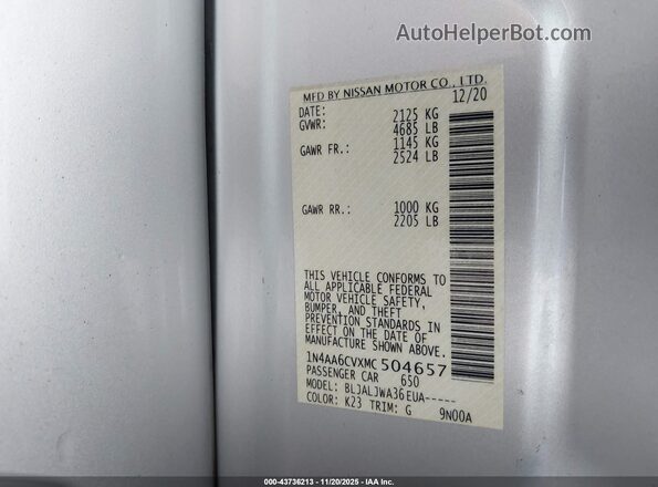 1N4AA6CVXMC504657 2021 NISSAN MAXIMA Silver Vista del compartimento del motor