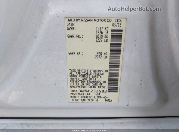 1N4AL3AP3GC232583 2016 NISSAN ALTIMA Белый Вид подкапотного пространства